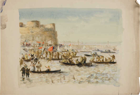 Ец Иосиф Михайлович. Лот из двух предметов: оригинал и литография «Вступление Красной армии в Аккерман»